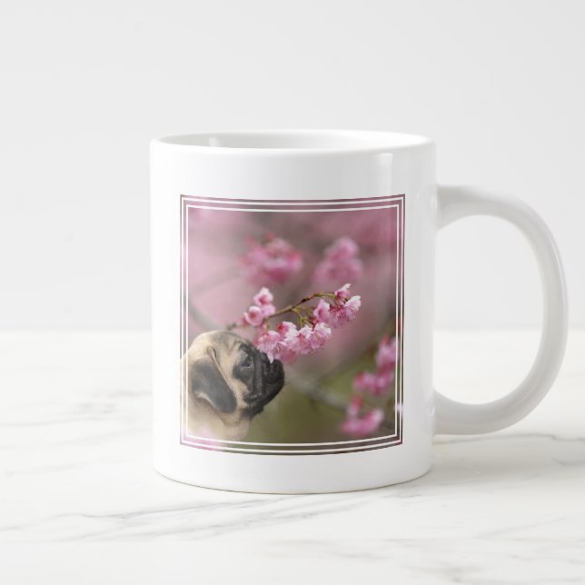 Pug Smelling Cherry Blossoms Large Coffee Mug (Right)