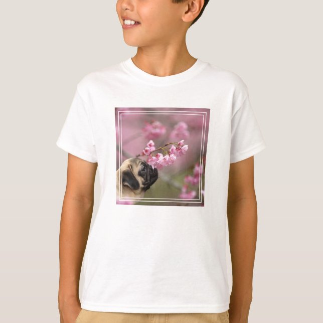 Pug Smelling Cherry Blossoms T-Shirt (Front)