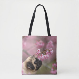 Pug Smelling Cherry Blossoms Tote Bag