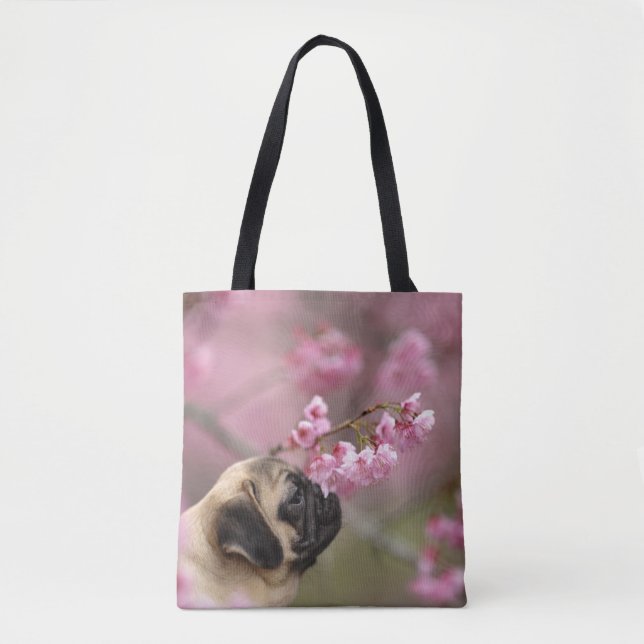 Pug Smelling Cherry Blossoms Tote Bag (Front)