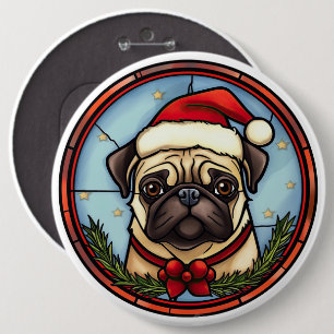 Pug Stained Glass Christmas 6 Cm Round Badge