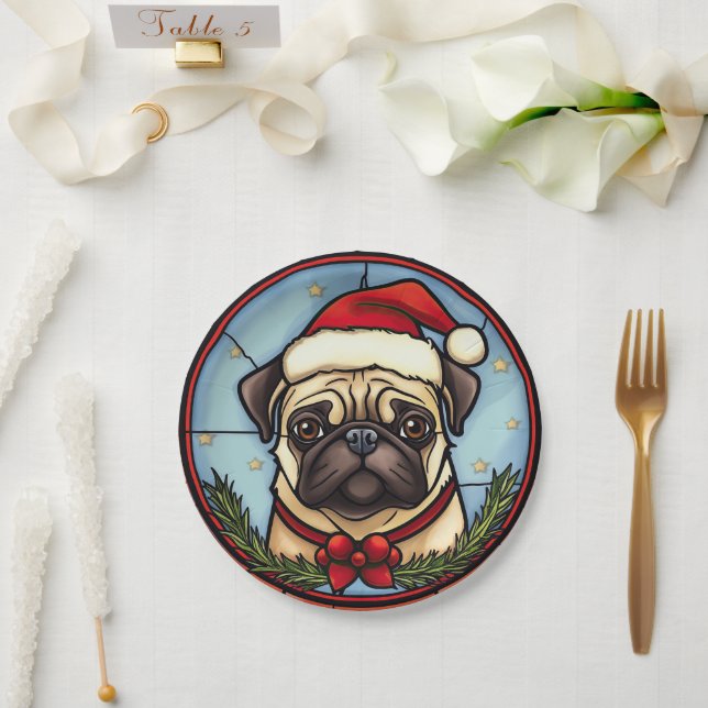 Pug Stained Glass Christmas Paper Plate (Wedding)