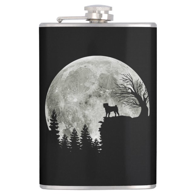 Pug Stand On Mountain Spooky Halloween Moon Hip Flask (Front)