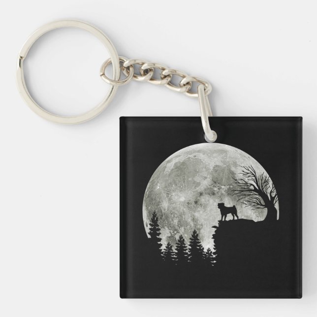 Pug Stand On Mountain Spooky Halloween Moon Key Ring (Front)