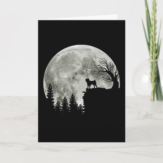 Pug Standing On Mountain Moonlight Halloween Card (Front)