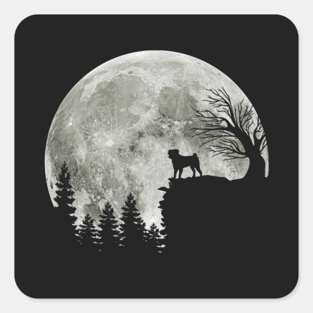 Pug Standing On Mountain Moonlight Halloween Square Sticker (Front)