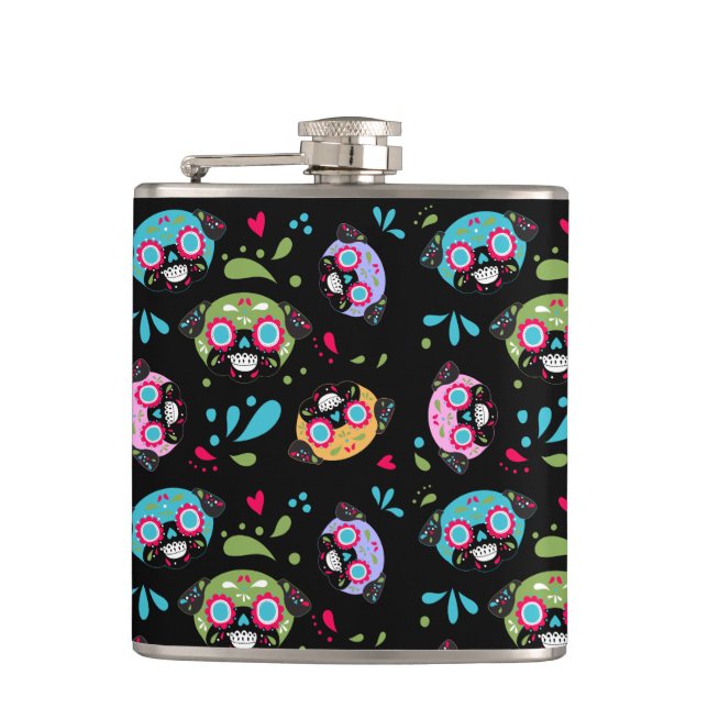 Pug Sugar Skull Pattern on Black Hip Flask (Front)