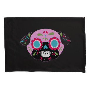 Pug Sugar Skulls Pillowcase Set Pink and Blue