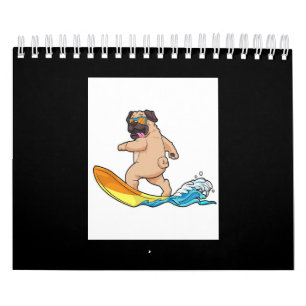 Pug Surfing Surfboard Pug Wearing Glasses Calendar