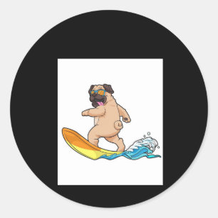 Pug Surfing Surfboard Pug Wearing Glasses Classic Round Sticker