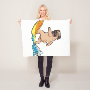 Pug Surfing Surfboard Pug Wearing Glasses Fleece Blanket