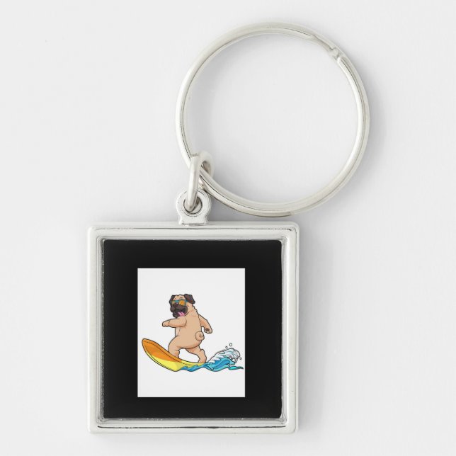 Pug Surfing Surfboard Pug Wearing Glasses Key Ring (Front)