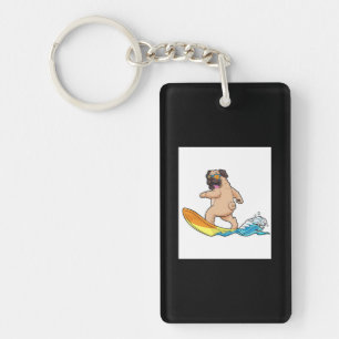 Pug Surfing Surfboard Pug Wearing Glasses Key Ring