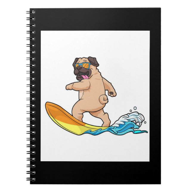 Pug Surfing Surfboard Pug Wearing Glasses Notebook (Front)