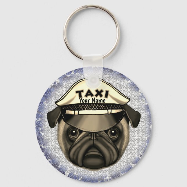 Pug Taxi custom name Keychain (Front)