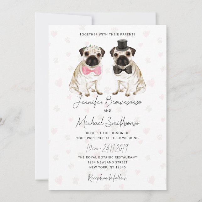 Pug theme paw heart dog wedding invitation (Front)