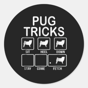 Pug Tricks Sit, Heel, Down, Stay, Come, Fetch Classic Round Sticker