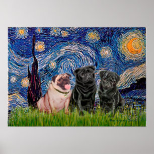 Pug Trio (1F,2B) - Starry Night Poster