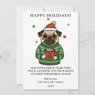 Pug Ugly Sweater Christmas Hot Cocoa Marshmallow Holiday Card