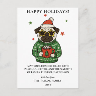 Pug Ugly Sweater Christmas Hot Cocoa Marshmallow  Holiday Postcard