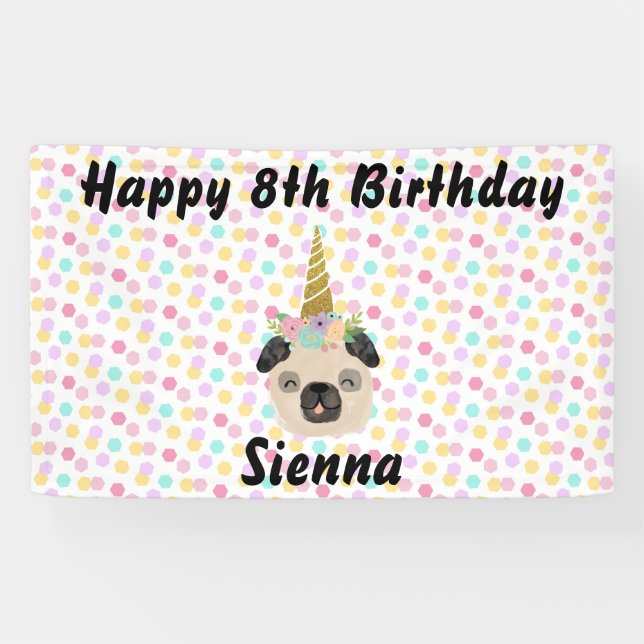 Pug Unicorn Little Girl Birthday Party Banner (Horizontal)