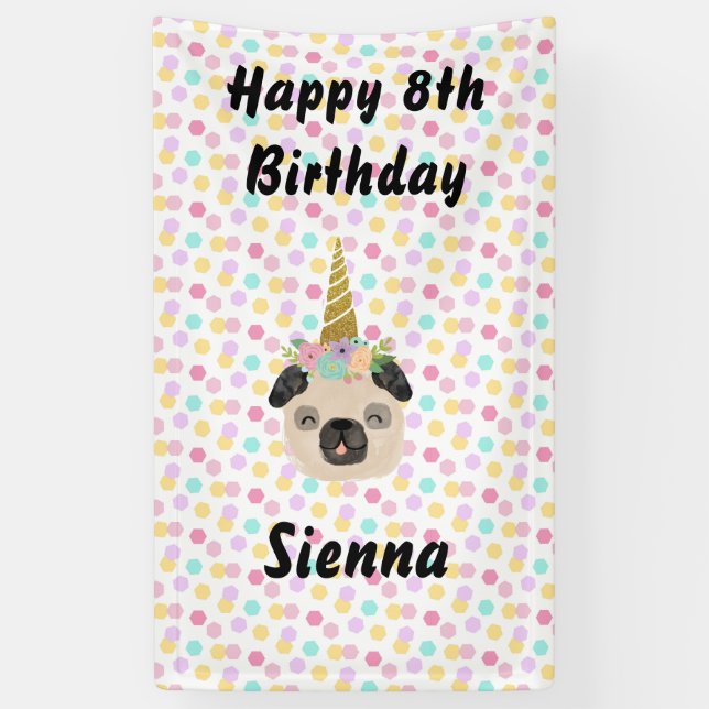 Pug Unicorn Little Girl Birthday Party Banner (Vertical)