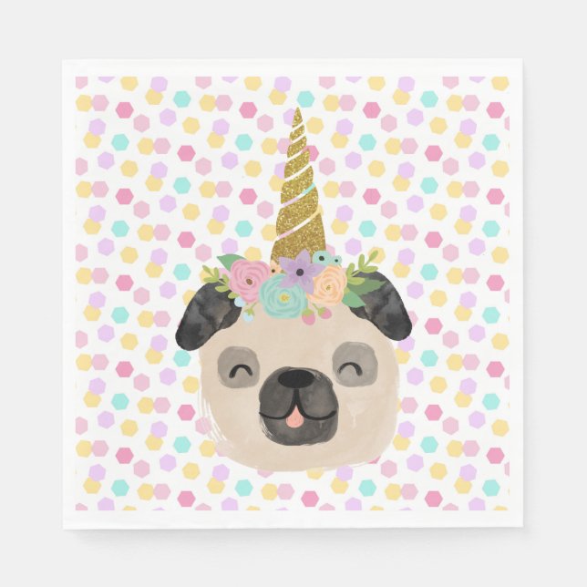 Pug Unicorn Little Girl Birthday Party Napkin (Front)