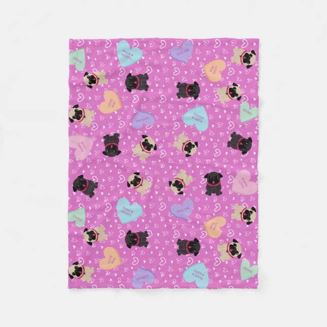 Pug Valentine Candy Hearts Fleece Blanket (Front)