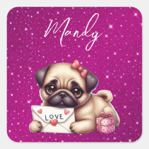 Pug Valentine's Day Personalised Pug Puppy Love Square Sticker