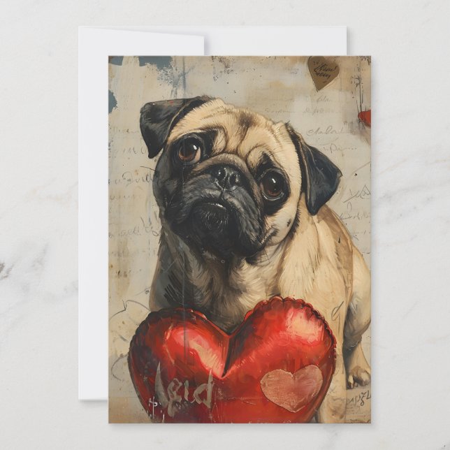 Pug vintage valentines day  holiday card (Front)