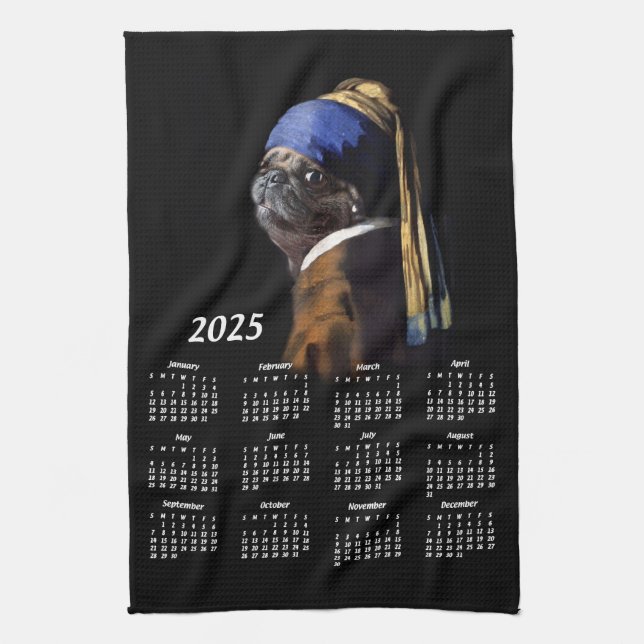 Pug w/Pearl Earring Vermeer Painting 2025 Calendar Tea Towel (Vertical)