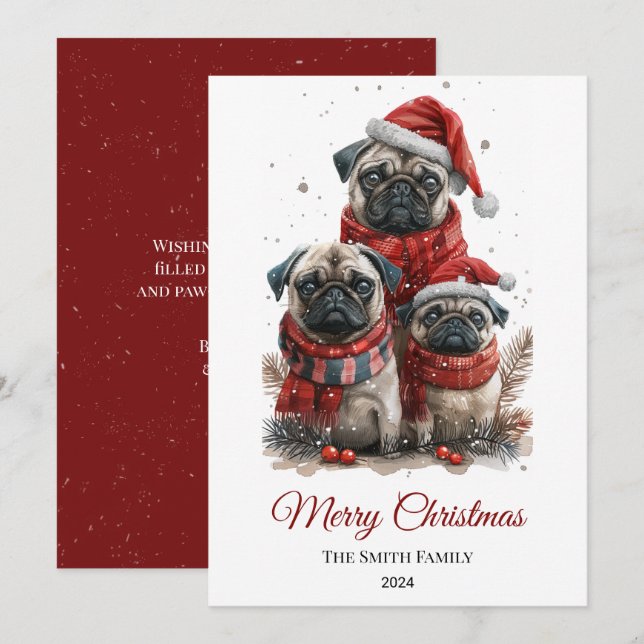 Pug Watercolor Christmas Tree Non-Photo Holiday Card (Front/Back)