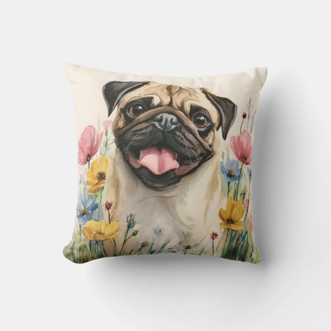 Pug Watercolor Pillow (Front)