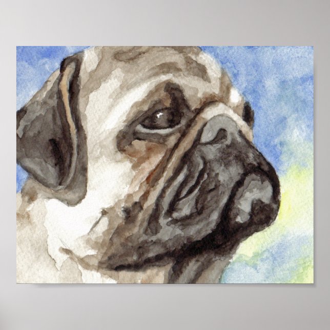 Pug Watercolor Portrait Poster (Front)