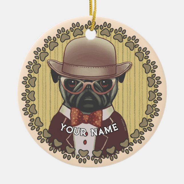 Pug Wearing Glasses Ceramic Tree Decoration (Front)