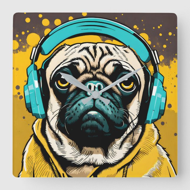 Pug wearing headphones square wall clock (Front)