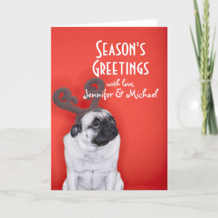 Pug wearing reindeer antlers holiday card
