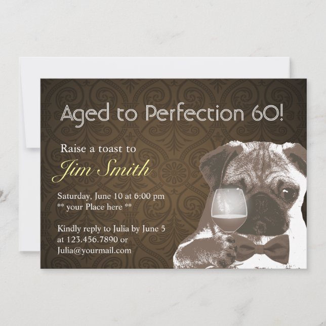 Pug & Wine Perfection 60 Birthday Party Invite (Front)