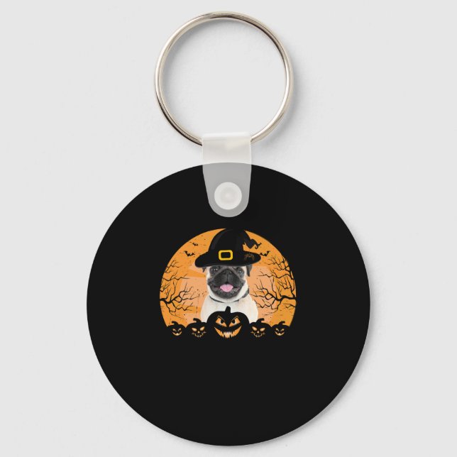 Pug Witch Hat Jack-o-Lantern Dogs Halloween T-Shir Key Ring (Front)