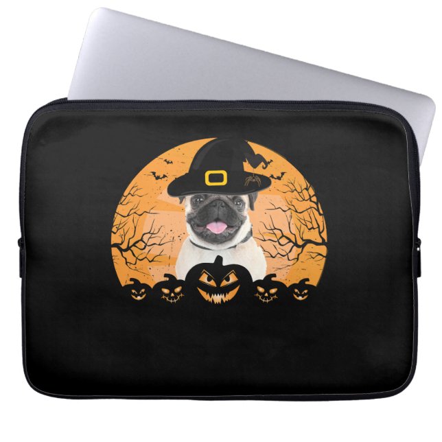 Pug Witch Hat Jack-o-Lantern Dogs Halloween T-Shir Laptop Sleeve (Front)