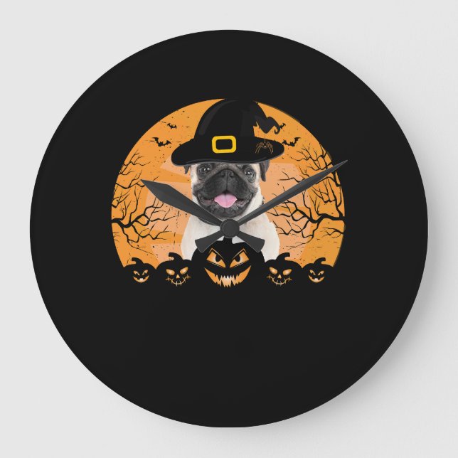 Pug Witch Hat Jack-o-Lantern Dogs Halloween T-Shir Large Clock (Front)