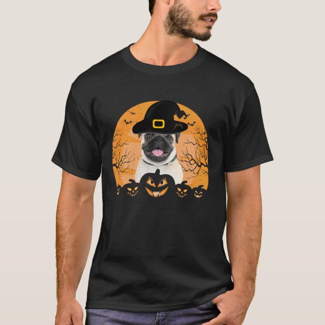 Pug Witch Hat Jack-o-Lantern Dogs Halloween T-Shir T-Shirt (Front)