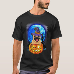 Pug Witch Hat Pumpkin Scary Halloween Dog T-Shirt