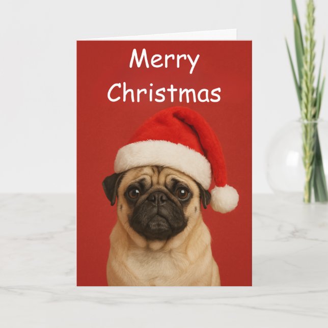 Pug with a Santa hat Custom Christmas Greeting Card (Front)