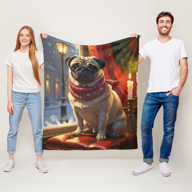 Pug with Christmas Lights Holiday Fleece Blanket (In Situ)
