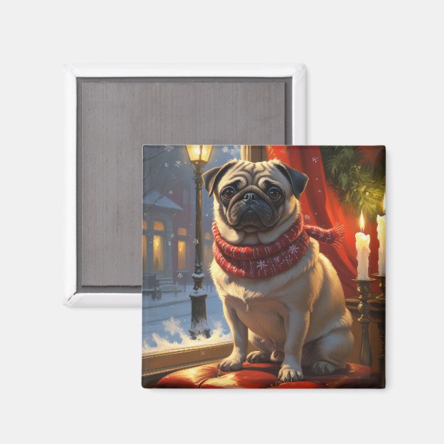 Pug with Christmas Lights Holiday Magnet (Front/Back)