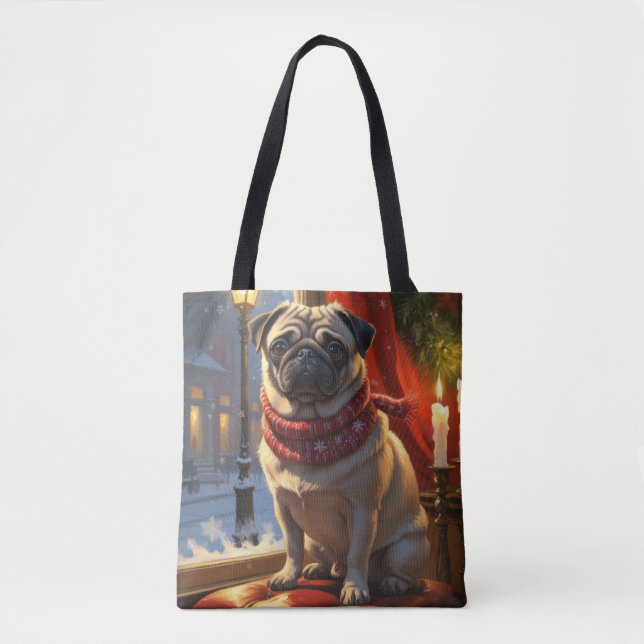 Pug with Christmas Lights Holiday Tote Bag (Front)