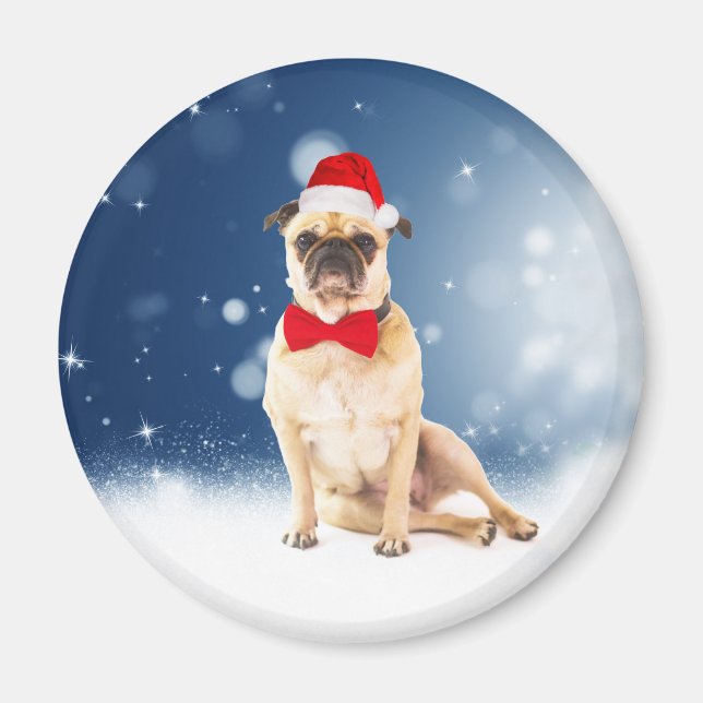 Pug with Christmas Santa Hat Magnet (Front)
