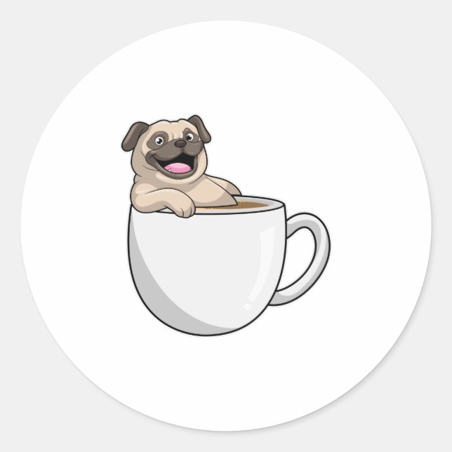 Pug with Cup of Coffee Classic Round Sticker (Front)