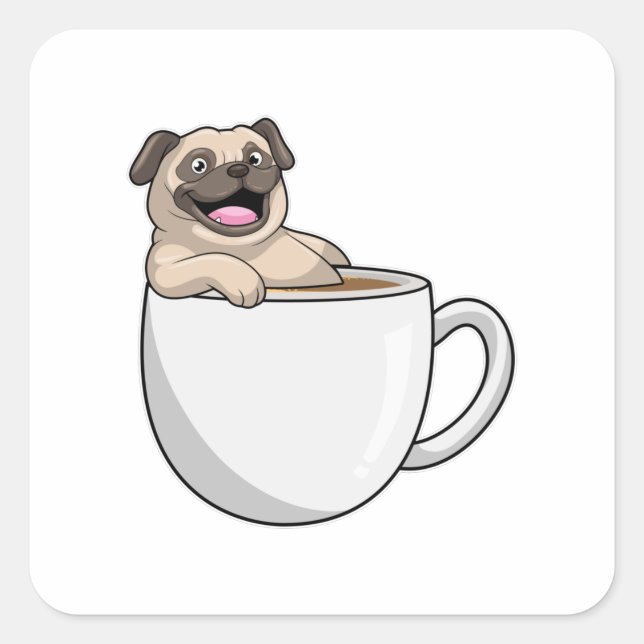 Pug with Cup of Coffee Square Sticker (Front)